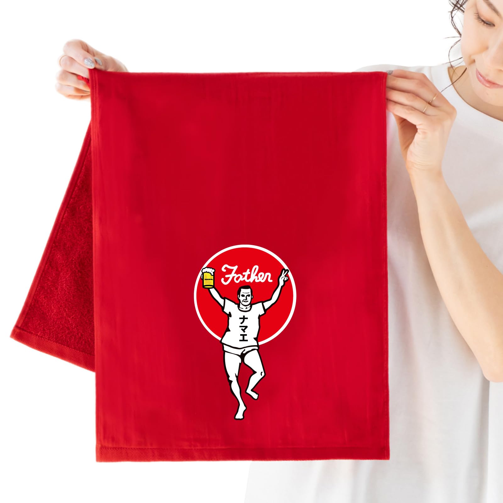 父の日 名入れ タオル プレゼント 【 父バンザイ 赤オリジナルタオル ガーゼ×パイルのリバーシブル仕様 】 お父さん 記念品 家族 ガーゼ 厚手 吸水 熱中症対策